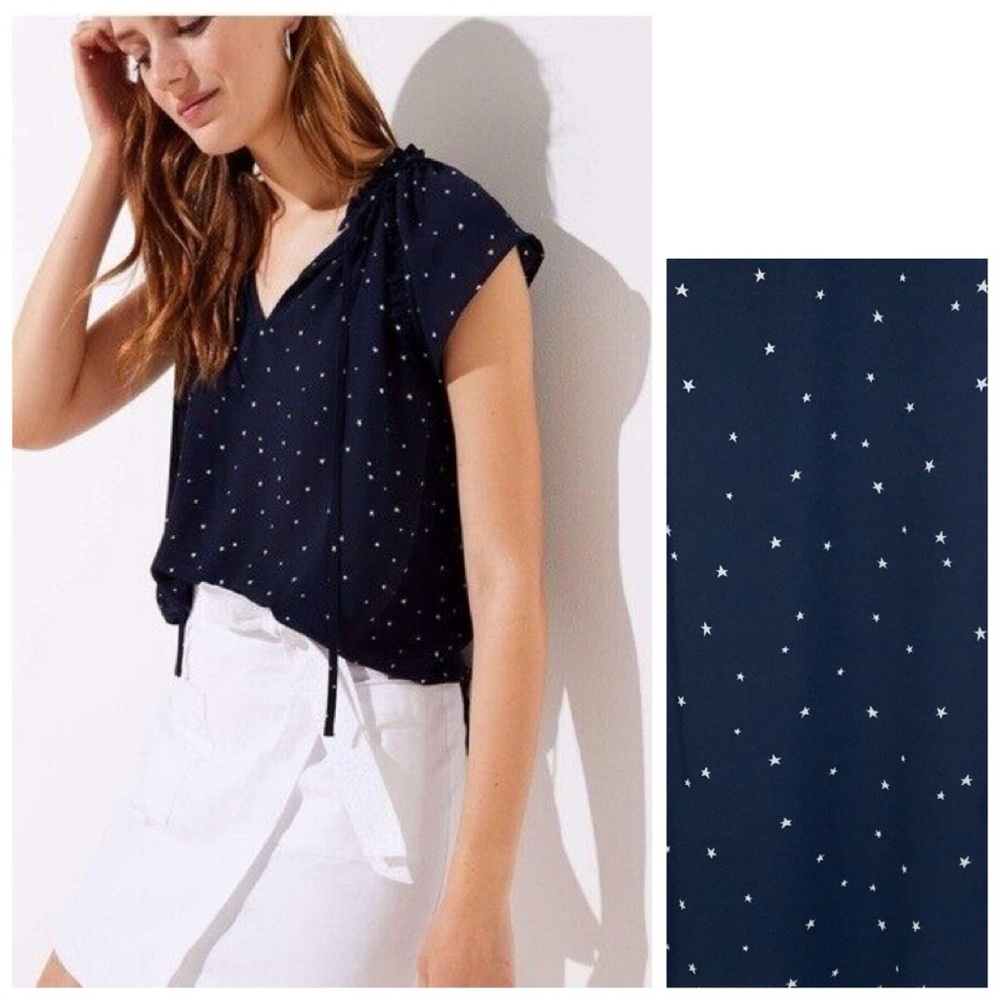 LOFT Navy Star Print Ruffle Blouse